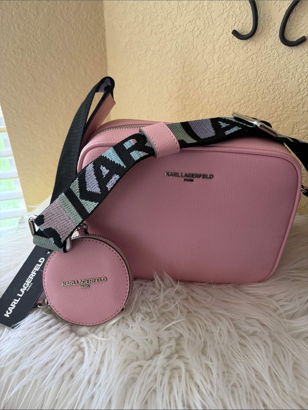 Karl Lagerfeld Pink Crossbody Bag with Logo Strap and Coin Pouch